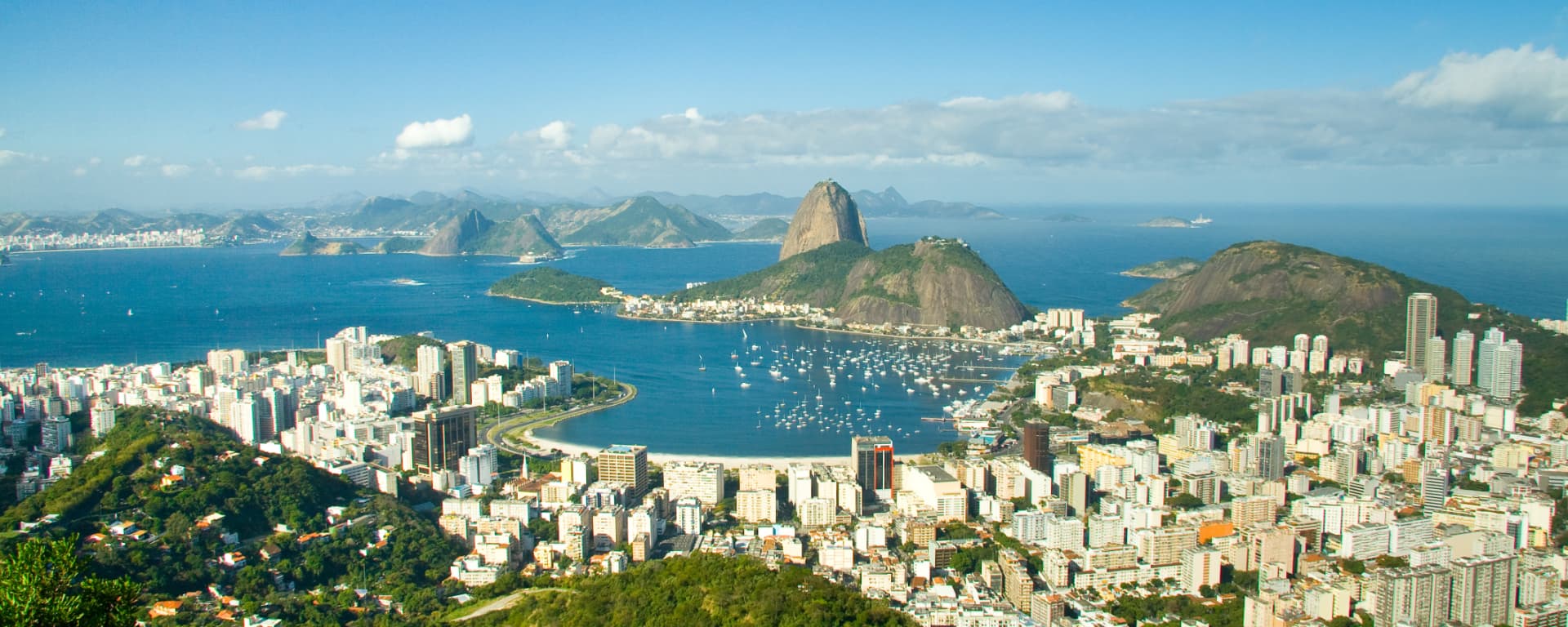 Aerial view of Rio de Janeiro: Botafogo Bay, Sugarloaf Mountain and the city skyline