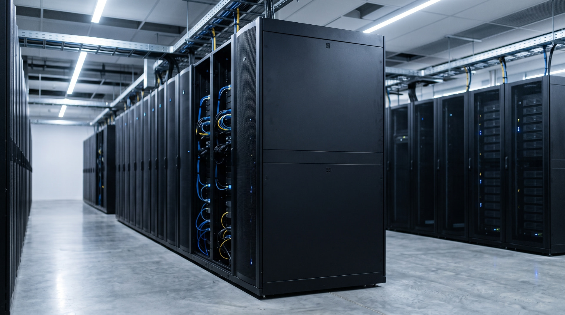 Rows of server cabinets with organized cabling inside a data center
